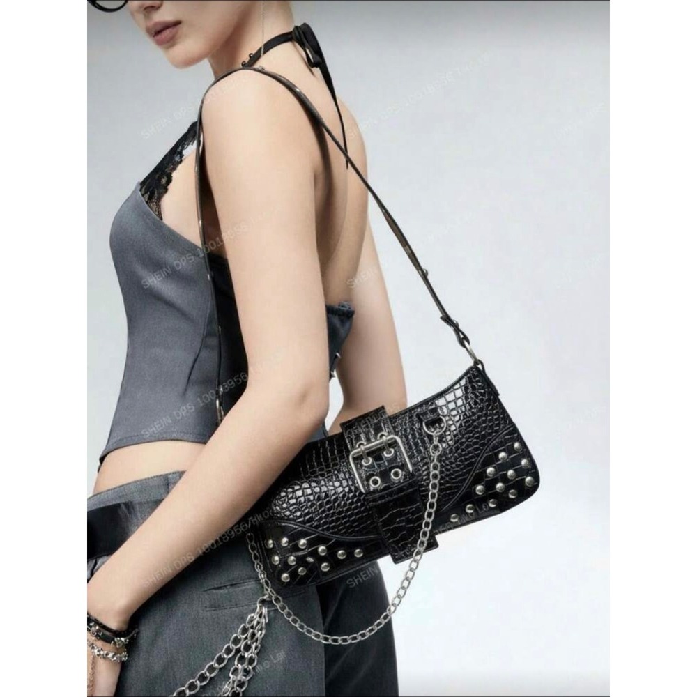 SHEIN Black Croc Embossed Studded Shoulder Bag Punk Buckle Chain Bag Baguette